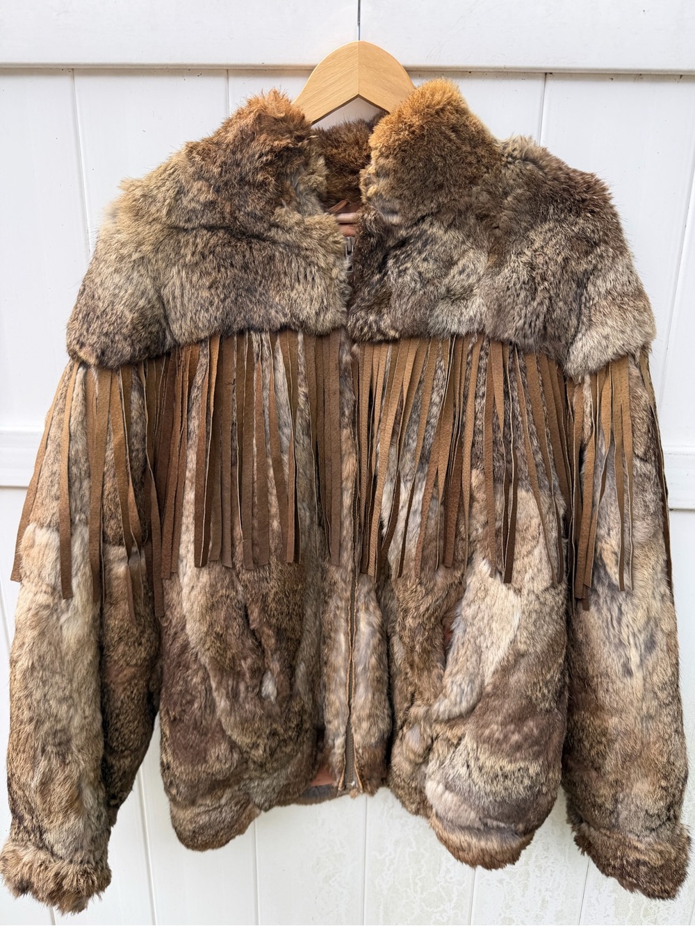 Vintage Ballen Design Rabbit Fur Leather Fringe Western Boho Jacket Size Large